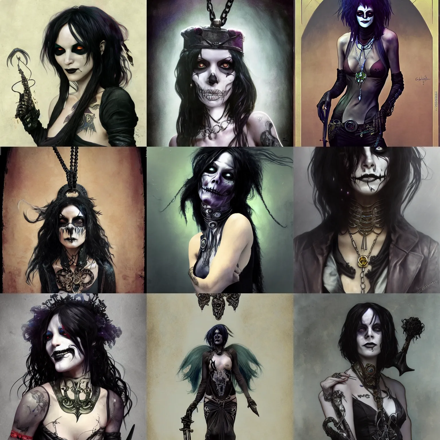 Prompt: wyona rider as death from sandman, gentle smile, by cedric peyravernay, by lecouffe deharme, alphonse mucha and maciej kuciara, goth chic, ankh pendant, soft lightning, eyeliner, punk rock, high detailed, 8 k