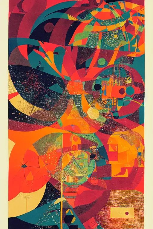 Prompt: mind wandering, poster by Steve Thomas and Richard Powers, 1960s, screen print