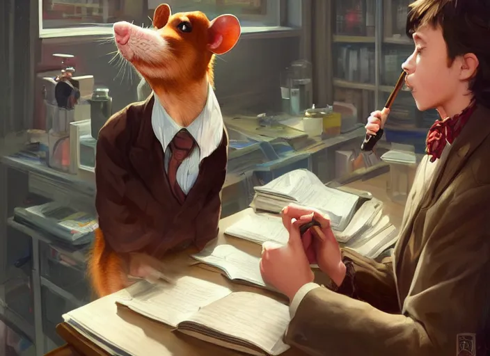 Image similar to portrait of a cute pet rat dressed as an english professor, smoking a pipe, giving a lecture in a university chemistry lab, digital art, artstation, fantasy, cinematic, fine details by realistic shaded lighting poster by ilya kuvshinov katsuhiro otomo, magali villeneuve, artgerm, jeremy lipkin and michael garmash and rob rey