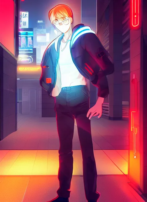 Prompt: Male cyborg wearing a school uniform, standing on street corner lit by a neon sign”, full body shot, cyberpunk, Digital art, detailed, anime