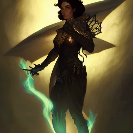 Image similar to female Planeswalker Magic the Gathering, dark fantasy, medium shot, intricate, elegant, highly detailed, digital painting, volumetric light, artstation, concept art, smooth, sharp focus, illustration, art by Gil Elvgren and Greg Rutkowski and Alphonse Mucha