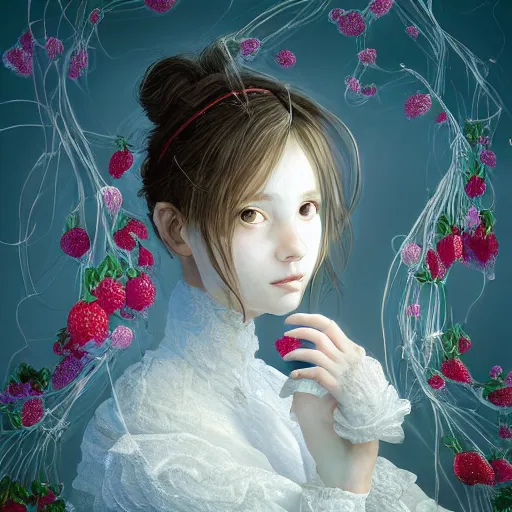 Prompt: the portrait of an absurdly beautiful, graceful, elegant, sophisticated, fashionable little girl made of strawberries and white petals looking down, an ultrafine hyperdetailed illustration by kim jung gi, irakli nadar, intricate linework, bright colors, octopath traveler, final fantasy, unreal engine 5 highly rendered, global illumination, radiant light, detailed and intricate environment