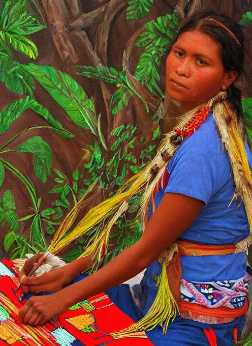 Prompt: a beautiful painting of an indigenous female doing crafting of a beautiful fabric in the jungle, realistic face and body