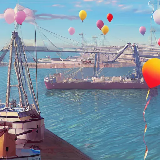 Prompt: digital art of a maritime port in bretagne with giant birthday balloons, artstation cgsociety masterpiece