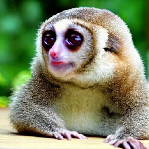 Prompt: half slow loris half parmesan crumbling on my tummy