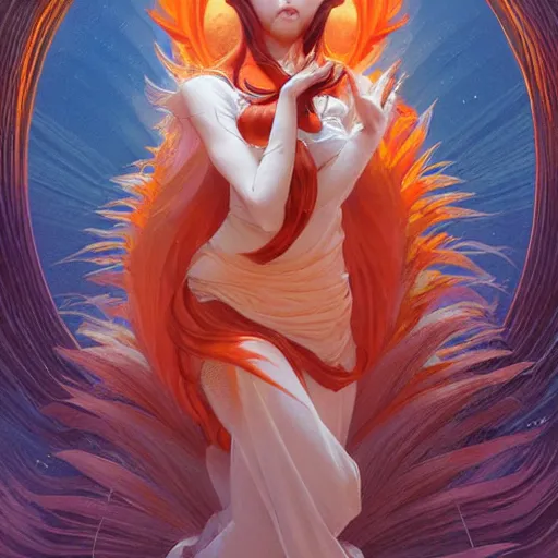 Prompt: japanese fox goddess, d & d, nine tails, orange and white color palette, highly detailed, digital painting, artstation, concept art, sharp focus, illustration, cinematic lighting, art by artgerm and greg rutkowski and alphonse mucha