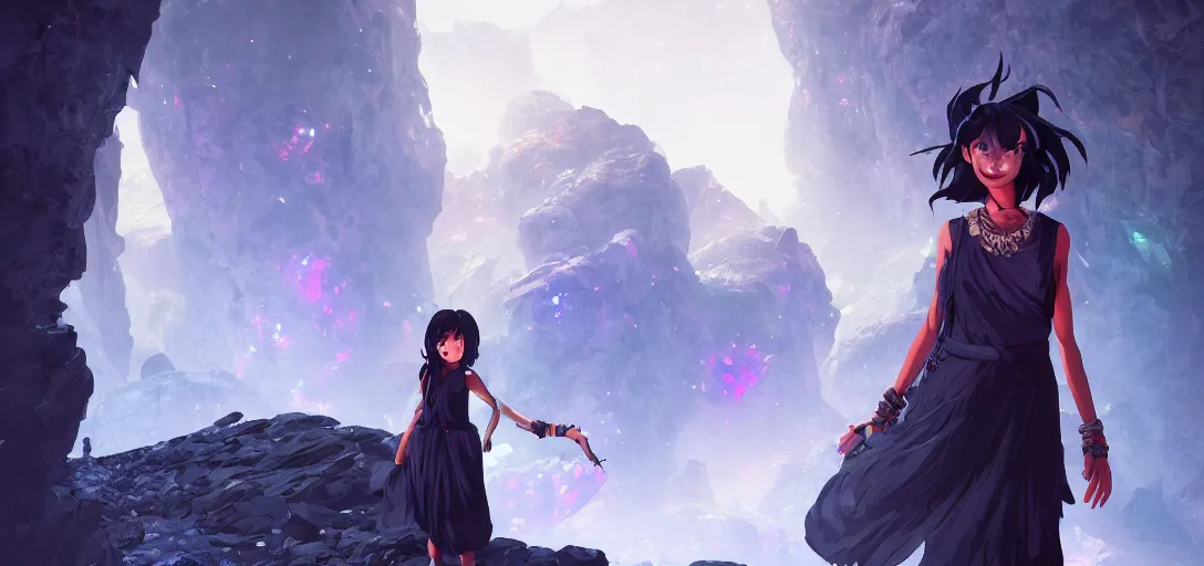 Image similar to Full body portrait of a Himalayan woman in a sleeveless dress,exploring a cave with glowing crystals, dark colors, ominous, somber, detailed, by Studio trigger, wojtek fus, by Makoto Shinkai and Ilya Kuvshinov