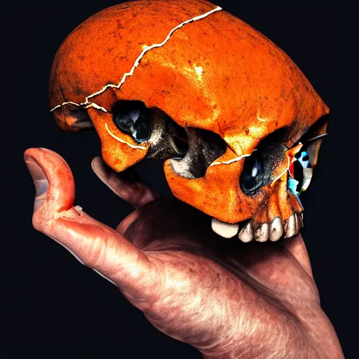 Image similar to photograph of a rotten damaged hand holding up a human skull with scorch marks on it, photorealistic, hyperdetailed, volumetric light, cinematic, f 8 aperture, orange rim lighting