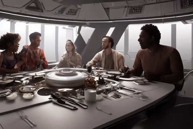 Image similar to movie closeup diverse interracial small team of European sci-fi futuristic space explorers talking at the table in a spaceship kitchen, beautiful skin, Symmetrical faces. Beautiful lighting by Emmanuel Lubezki