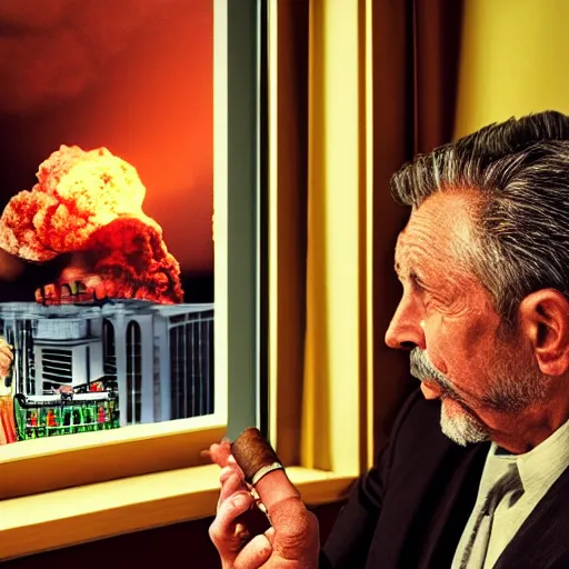 Prompt: Mr. House, realistic, highly detailed face, looks at the nuclear explosion, from the window of the Lucky 38 Casino and holds a cigar in his hand and smokes, ultra HD, realistic, retro, 45mm, elegant,