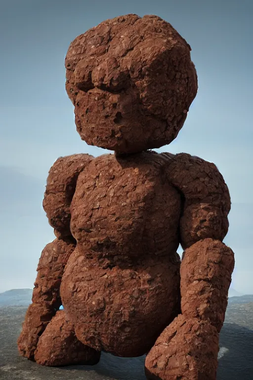 Image similar to a chunky brown rock golem made of hexagonal rocks with broad shoulders and a short thick neck, unreal engine, path tracing