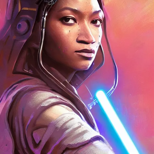 Image similar to star wars jedi Beyonce profile picture by Greg Rutkowski, intricate details, dynamic portrait, futuristic, volumetric lights, streetwear, studio ghibli, Organic Painting , Matte Painting, geometric shapes, hard edges, trending on the artstation, fantasy LUT, realistic by Sachin Teng + Martin Grip + Moebius + Patrick Gleason, smooth, sharp focus, illustration, art by John Collier and Albert Aublet and Krenz Cushart and Artem Demura and Alphonse Mucha, techwear, Industrial Scifi, detailed illustration, character portrait,