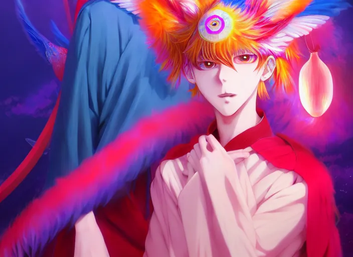 Prompt: anime full body portrait Rayan Gosling, colorful, ritual, feathered robe, omoide emanon, tsuruta kenji, murata range, pixiv, vibrant, magical fantasy, Karolis Strautniekas, James Jean, Yanjun Cheng, art deco, art nouveau, digital art, enchanted, owls, kyoto animation