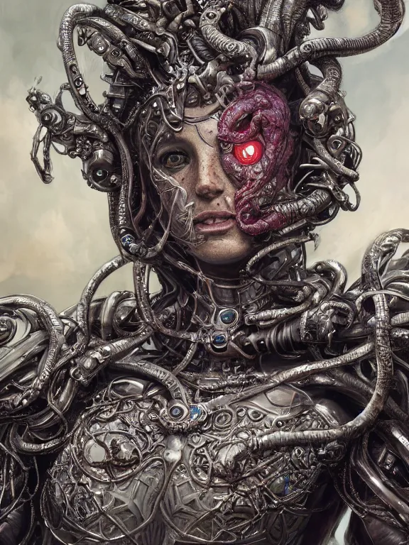 Image similar to portrait art of 8k ultra realistic Medusa, detailed intricate ornate armour,decaying, cybernetic, full of colour, cinematic lighting, battered, trending on artstation, 4k, hyperrealistic, focused, extreme details,unreal engine 5, cinematic, masterpiece, art by ayami kojima, giger