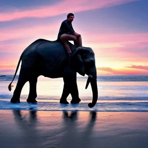Image similar to leonardo dicaprio riding an elephant on beach at sunset romantic lighting