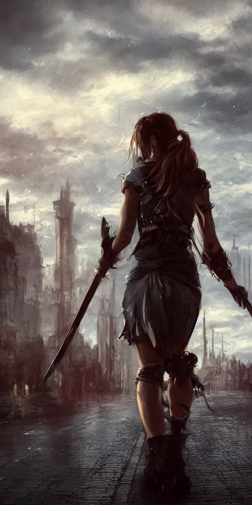 Image similar to back shot of a beautiful girl worrior gazing back, holding two swords. standing on wet road by wlop. artstation contest winner, cinematic paint. lower shot. dramatic cloud and ruined city in background.