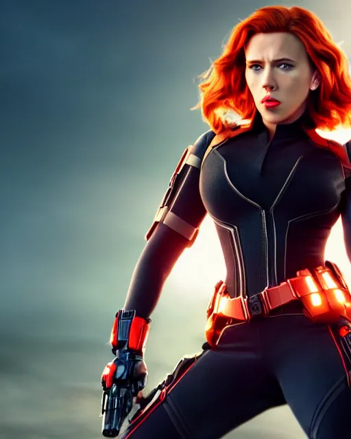 Image similar to film still of beautiful scarlett johansson wearing a fat costume as black widow from 2 0 1 2's the avengers, cinematic lighting, octane render, backlit, rim lighting, 8 k resolution