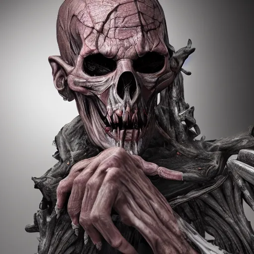 Image similar to lich, muscles and veins exposed, emaciated, necromancer, undead, octane render, 8 k, photorealistic hyperrealistic, insanely intricate