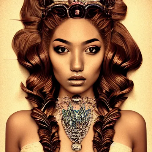 Prompt: vintage portrait of modern mermaid queen, zoom, rule of thirds, atmosphere, intricate, regal, latinas, ( brown skin ), symmetrical!!, loreal, maybelline, sephora, loreal, artstation, art by jose tapior y baro, ( ( cinematic ) ), concept art, filmic, vsco