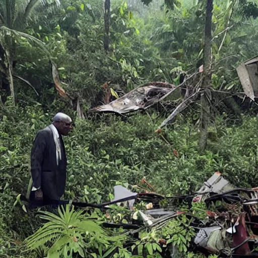 Prompt: photo of old black man in dirty and tattered suit wandering through jungle, airplane wreckage is in the background, far view, fog