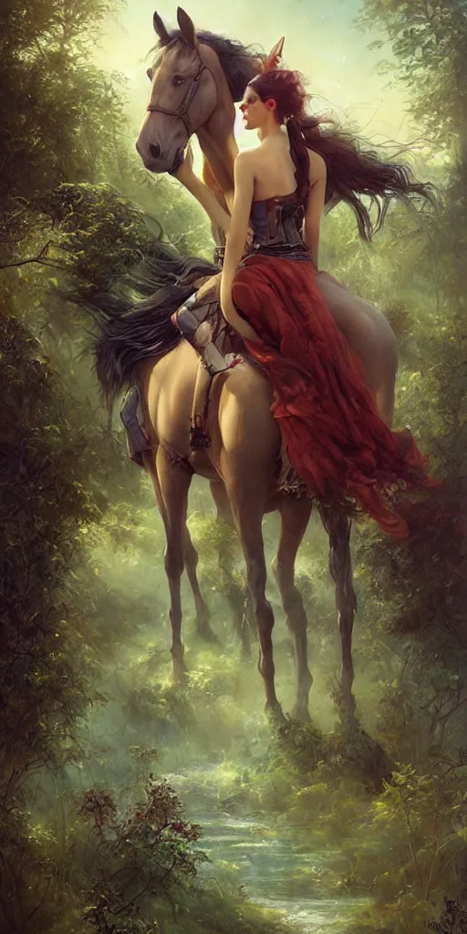 Prompt: a beautiful lush landscape of a the most beautiful woman and her draughthorse, hyperrealistic, award-winning, masterpiece, in the style of Tom Bagshaw, Cedric Peyravernay, Peter Mohrbacher