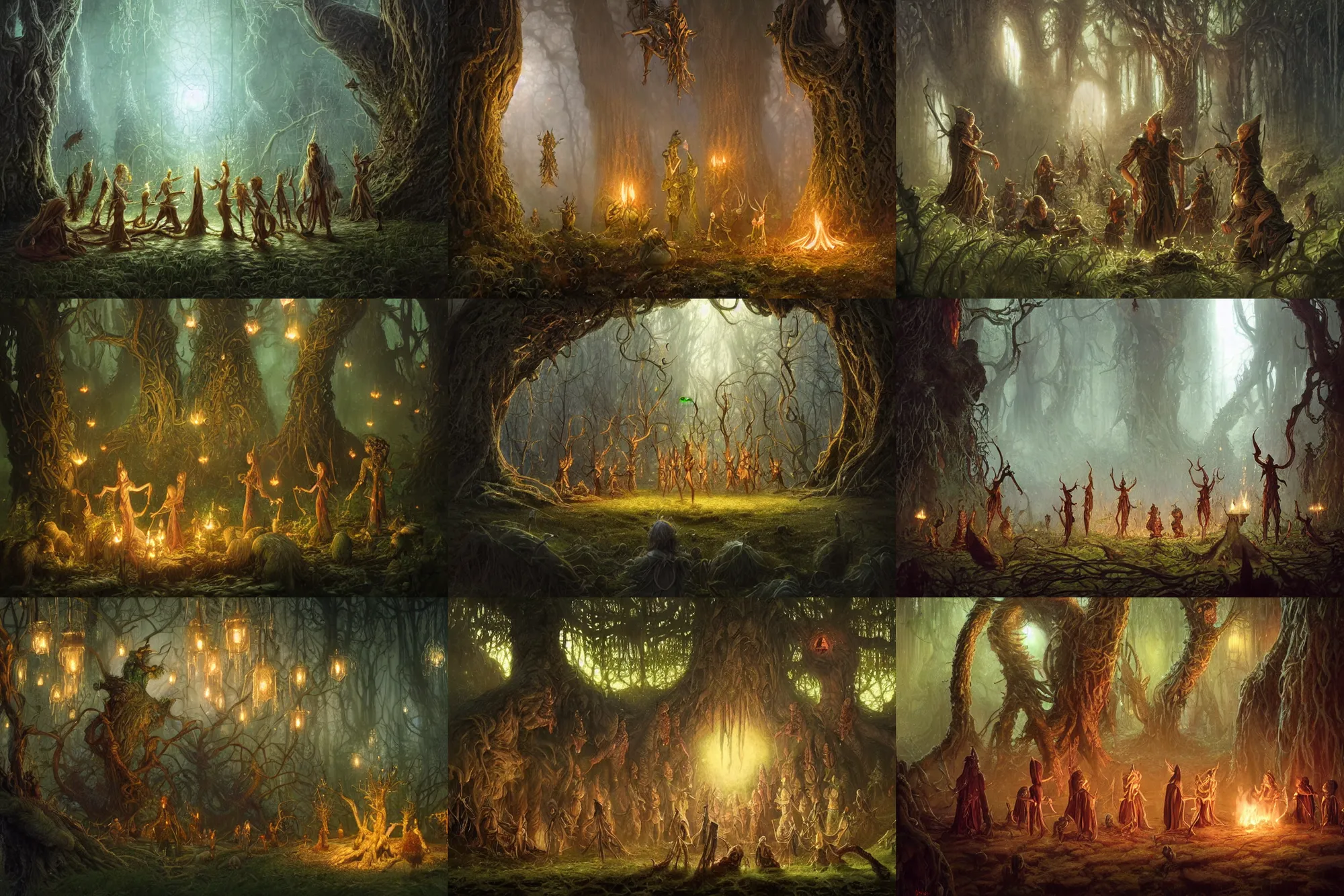 Prompt: elves by jim henson having a party with tree monsters, some fireflies, by brian froud and alan lee, highly detailed, intricate, fantasy, concept art, matte painting, sharp focus, smooth, lighting by greg rutkowski, rich vivid color scheme, octane rendered
