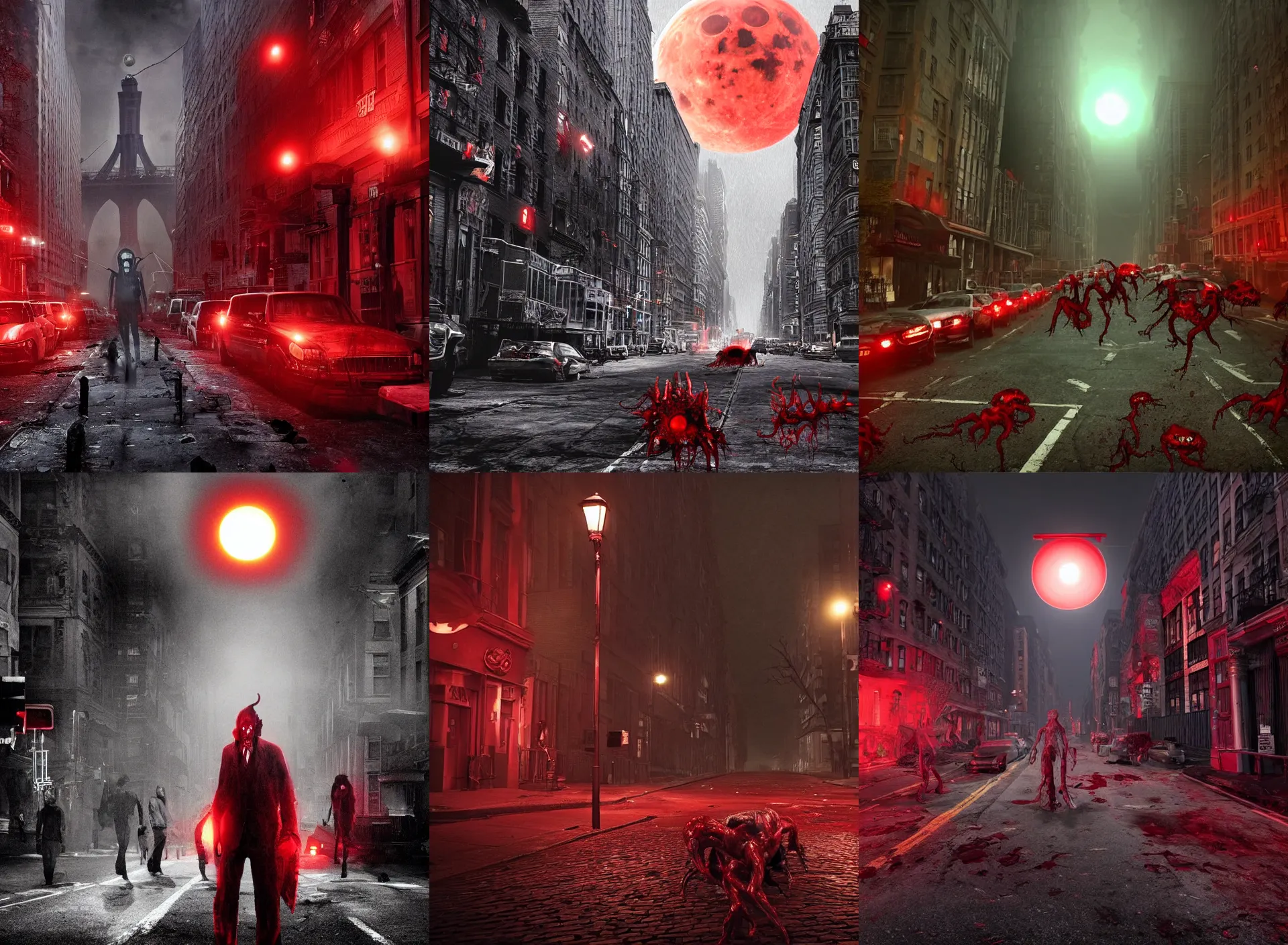 Prompt: the middle of new york city street, blood red moon, red lighting, street lamps, undead zombies and horrifying monsters on the street. Red. Eye of cthulhu. Very detailed, 8k. Apocalypse.