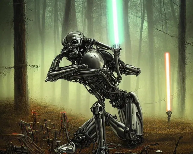 Prompt: photo of a terminator general grievous with heavy duty biomechanical hydraulic cybernetic body and 4 drawn lightsabers in the forest. cyberpunk horror style. highly detailed 8 k. intricate. nikon d 8 5 0 5 5 mm. award winning photography. art by hr giger and zdzislaw beksinski in the style of hzd