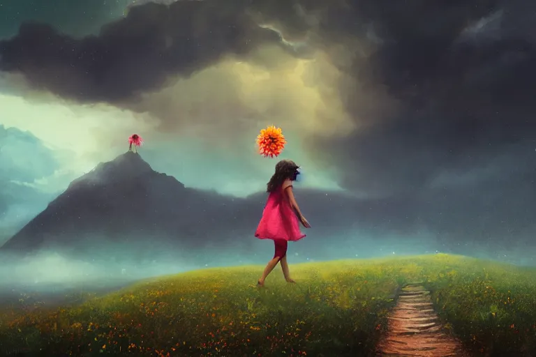 Image similar to giant dahlia flower over head, girl walking on mountain, surreal photography, stars, dramatic light, impressionist painting, storm clouds, digital painting, artstation, simon stalenhag