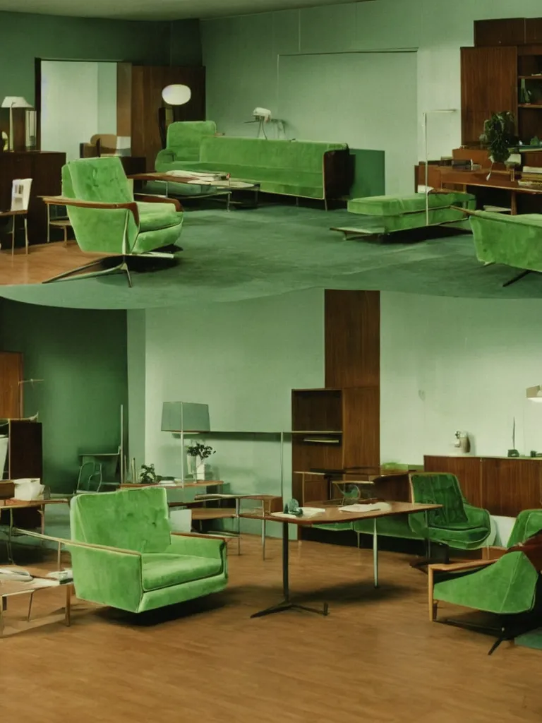 Image similar to a still of severance series indoor 7 0 s green velvet and wood with metal furniture office scenario appearing in a film of jacques tati