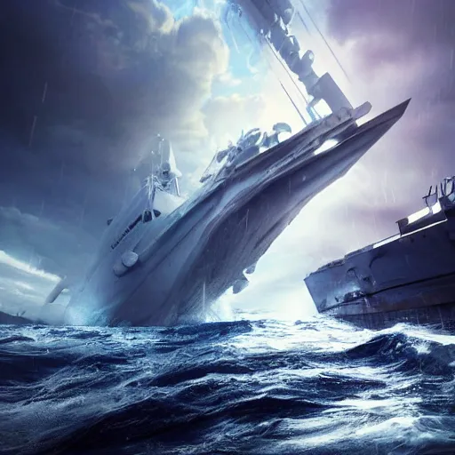 Image similar to semi futuristic warship being attacked by a sea monster, chaotic sea setting, ocean, unreal engine, octane render, cinematic, epic, rainy stormy night, chaotic, 8k, ultra detailed, Artstation, Trending on Artstation, Artstation HQ, Artstation HD, deviant art, Pinterest, digital art, reflections,