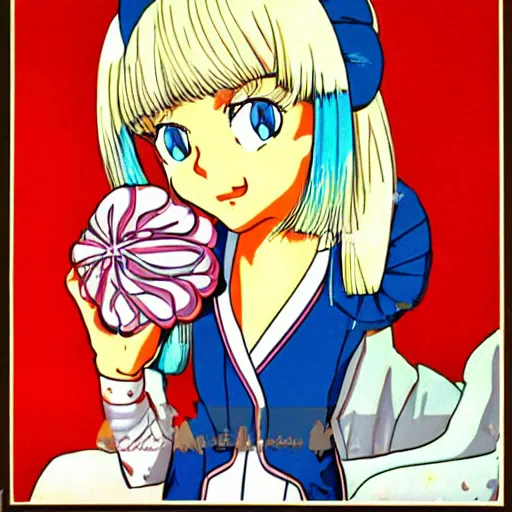 Prompt: Platinum-blonde-haired hime cut blue-eyed French empress, 1977 anime, retro anime style