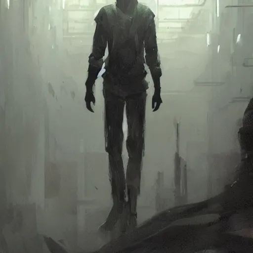 Image similar to concept art by greg rutkowski, a very tall and slender young man, dressed in patient clothes and an open sweatshirt, wandering through the desolate, futuristic, brutalist interior of a space colony, depressing atmosphere, low lighting, scifi, highly detailed portrait, digital painting, artstation, concept art, smooth, sharp foccus ilustration, artstation hq