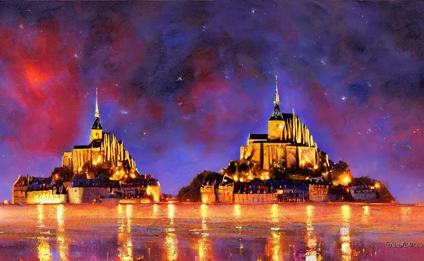 Image similar to Mont Saint Michel on fire at nighttime. Flames, burning. By Konstantin Razumov, highly detailed