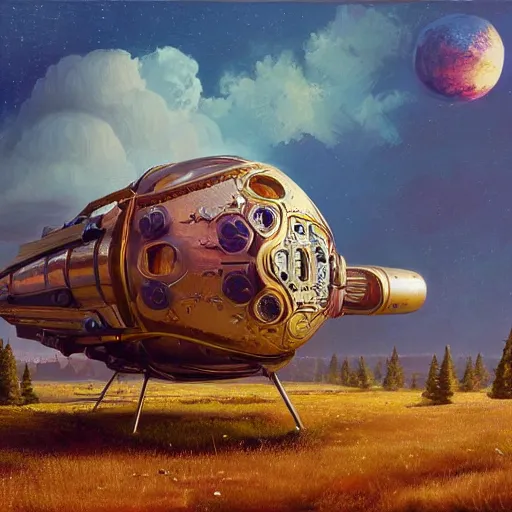 Prompt: painting of artlilery spaceship with ornate metal work lands in country landscape, filigree ornaments, volumetric lights, norm rockwell, simon stalenhag