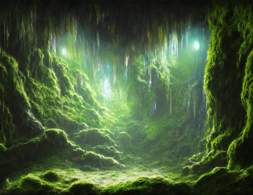 Prompt: futuristic disco in a mossy dripstone cave. oil painting by award - winning concept artist. backlighting, chiaroscuro, field of depth.