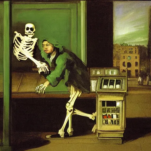 Image similar to a skeleton scanning groceries behind the cash register at Safeway while wearing a green apron, by Francisco Goya, Arnold Bocklin, chiaroscuro