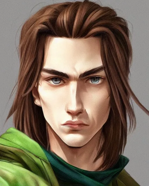 Prompt: face of a masculine young man with thin face lines, have long brown hair and green eyes, very beautiful portrait, low angle, realistic anime style and perfect art, trending on artstation, good and dramatic lighting