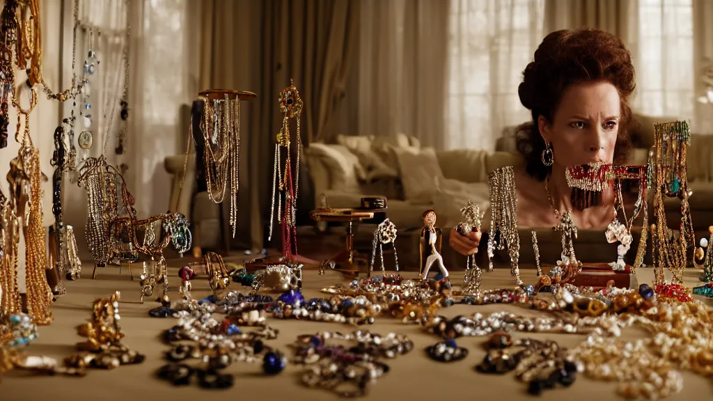 Image similar to a woman made of jewelry stands in the living room, film still from the movie directed by Denis Villeneuve with art direction by Salvador Dalí, wide lens, 4K, realistic