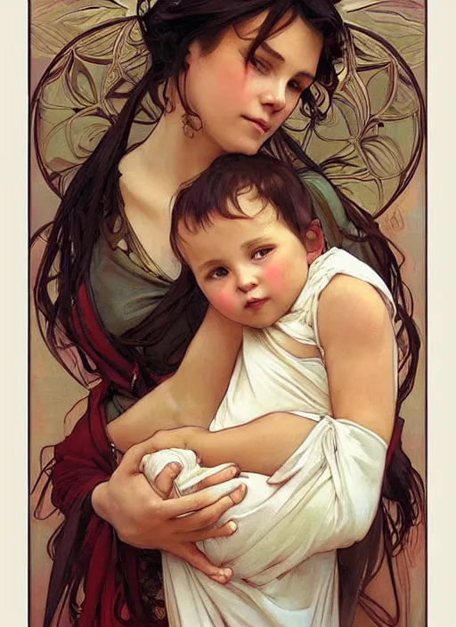 Image similar to a mother holding her baby, beautiful painting by artgerm and greg rutkowski and alphonse mucha