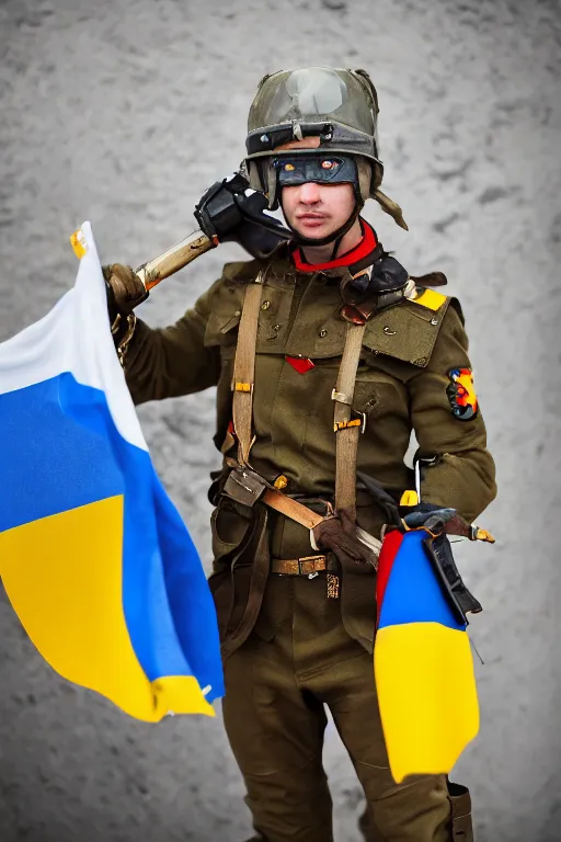 Prompt: ukranian infantry is fighting on mars, ukranian flag, dslr, 5 0 mm, f / 2. 8, studio lighting