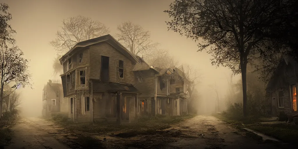 Image similar to creepy view into cul-de-sac dilapidated houses, fog, rain, volumetric lighting, beautiful, golden hour, sharp focus, highly detailed, cgsociety