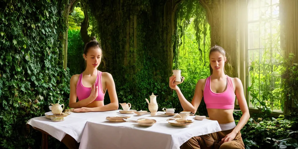 Image similar to a dreamy young woman wearing a yoga outfit having fancy tea and tea time with Mallard Duck at the table with her, enjoying the tea. Seated at a beautiful tea table inside an opulent, ornate, abandoned overgrown Palace of Versailles, lush plants growing through the floors and walls, walls are covered with vines, beautiful, dusty, golden volumetric light shines through giant broken windows, golden rays fill the space with warmth, rich with epic details and dreamy atmosphere