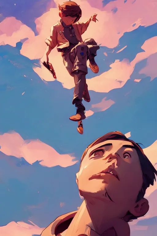 Image similar to a boy looking up into the sky seeing an anxious reflection of himself behance hd artstation by jesper ejsing, by rhads, makoto shinkai and lois van baarle, ilya kuvshinov, ossdraws, that looks like it is from borderlands and by feng zhu and loish and laurie greasley, victo ngai, andreas rocha