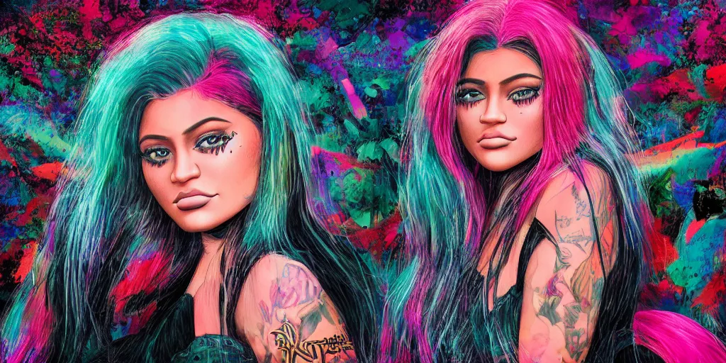 Image similar to hyper realistic kylie jenner on a tomorrow land stage in the style of a slipknot album cover, minimal art style, highly detailed, intricate, digital painting, artstation, 3 5 mm film grain