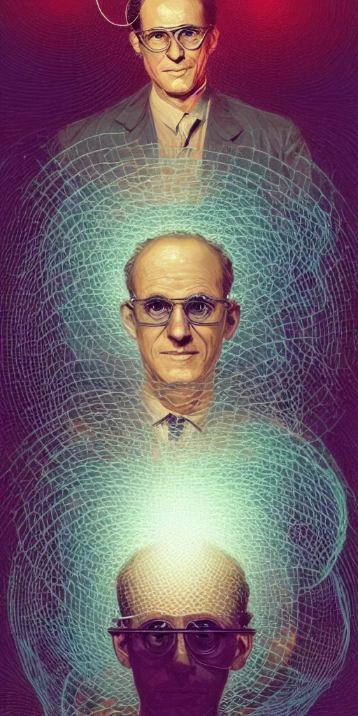 Prompt: portrait of erwin schrodinger with circle glasses and abstract mesh of glowing waves in the background - art, by wlop, james jean, victo ngai! muted colors, very detailed, art fantasy by craig mullins, thomas kinkade cfg _ scale 8