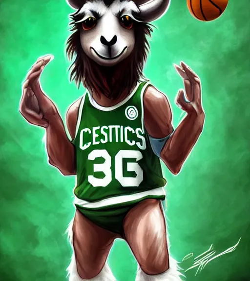 Image similar to photorealistic anthropomorphic llama as larry bird playing basketball in celtics outfit, playing in a nba court, crewson photography, dnd character art portrait, deviantart artstation, by jason felix by steve argyle by tyler jacobson by peter mohrbacher, cinematic lighting