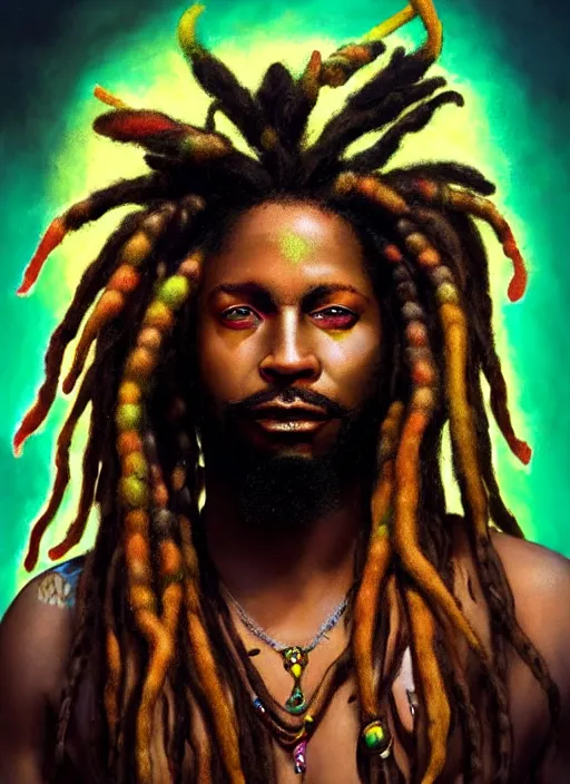 Prompt: portrait of fearless jamaican rasta warrior with flowing dreadlocks, surrounded by spirit of ganja. afrogoth intricate digital matte painting concept art, warpaint aesthetic, colorful, psychedelic, beautifully backlit, subtle tones, sharp focus, cinematic aesthetic octane render, volumetric lighting, by edmund leighton, james jean, ross tran and artgerm