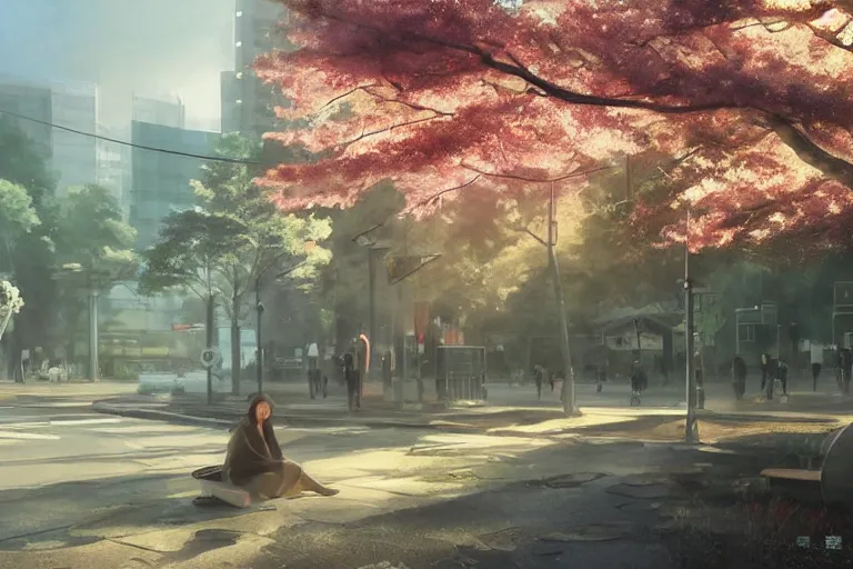 Prompt: morning wlak around tokyo tachikawa. volumetric lighting, spring early morning, dew, nice weather, realistic illustration, perfectly shaded, digital painting, unreal engine render, art by krenz cushart and nixeu
