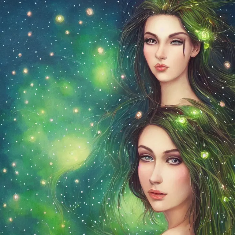 Prompt: beautiful portrait of a woman with beautiful kind eyes and fireflies and stars in her hair, blooming green slopes and lianas in the background, highly detailed, fantasy art